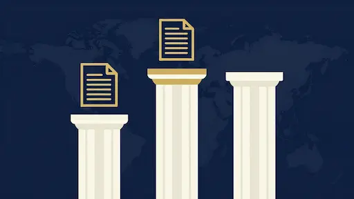 Three abstract architectural pillars symbolizing major iGaming licensing jurisdictions and their respective regulatory frameworks