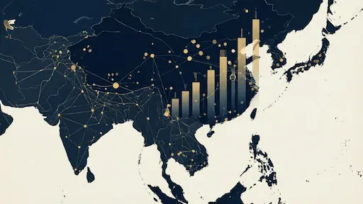Stylized geographic outline of the Asian continent overlaid with data visualization elements showing the Asian iGaming market regulatory distribution